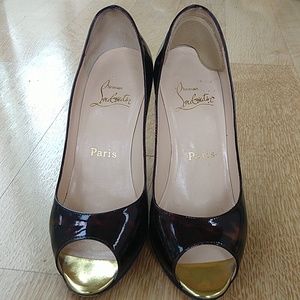 Christian Louboutin peep toe gold heel pumps